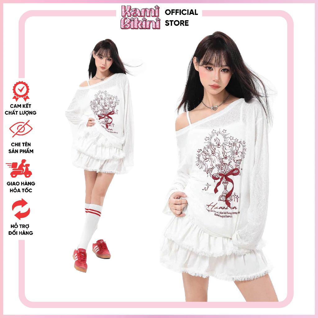 Áo thun nữ dài tay hoạ tiết đèn thần, Áo thun giấy xuyên thấu trễ vai in hình graffiti dễ thương - AT01 | BigBuy360 - bigbuy360.vn