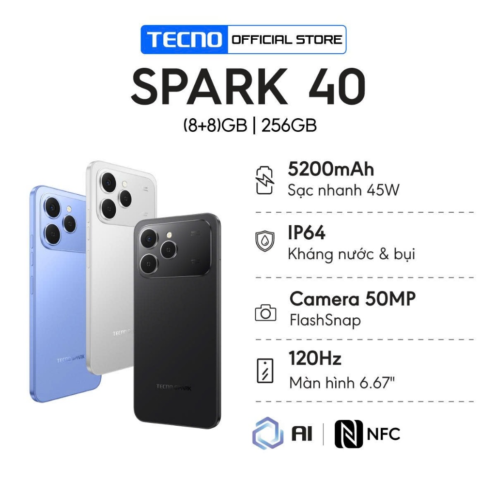 Điện thoại TECNO SPARK 40 (8GB/256GB) - Màn hình 6.67" 120Hz | Pin 5200 mAh + Sạc nhanh 45W |  Loa kép | NFC | BigBuy360 - bigbuy360.vn