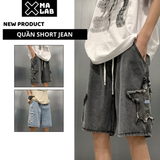  Quần short nam jean túi hộp XMALAB cap chun ống rộng thêu hình ngôi sao quần đùi bò lửng B129 