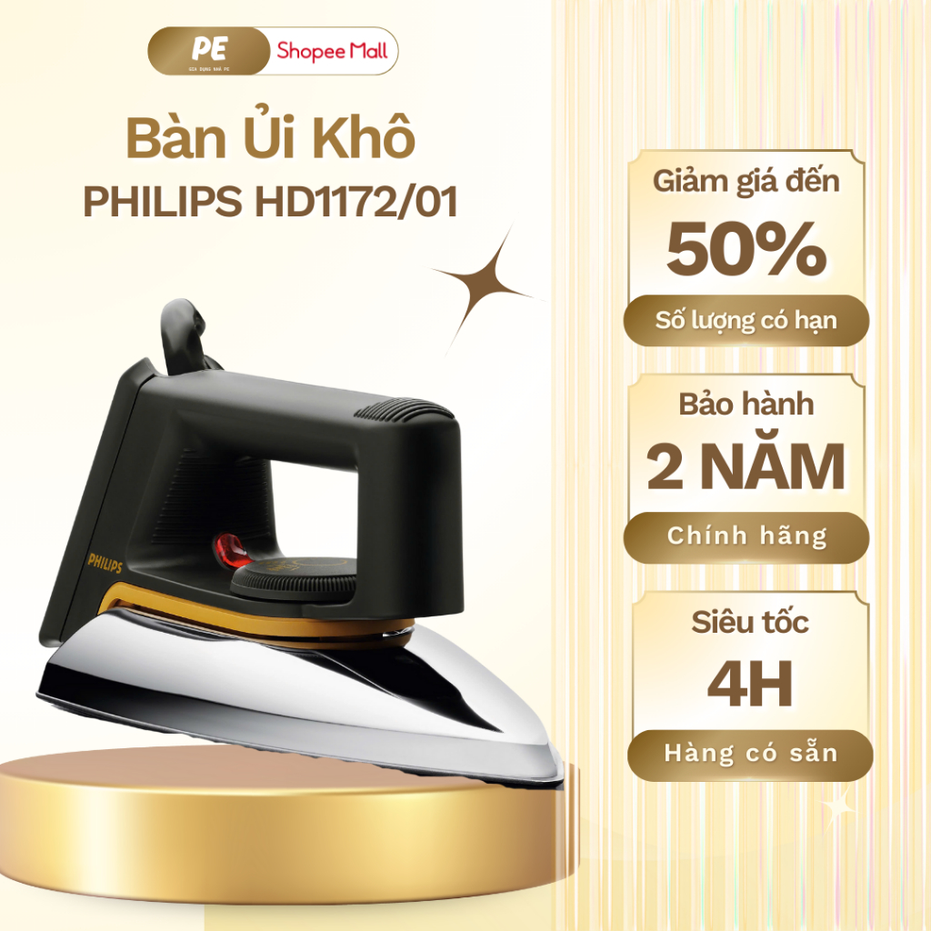 Bàn Ủi Khô PHILIPS HD1172/01 | 1000W | Hàng Chính Hãng, Bảo Hành 2 Năm