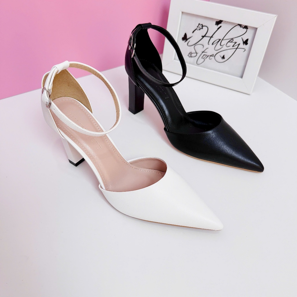 Giày min trơn trắng HALEY STORE gót vuông 9cm bít mũi nhọn tiểu thư rẻ bền đẹp cô dâu tiệc cưới êm c
