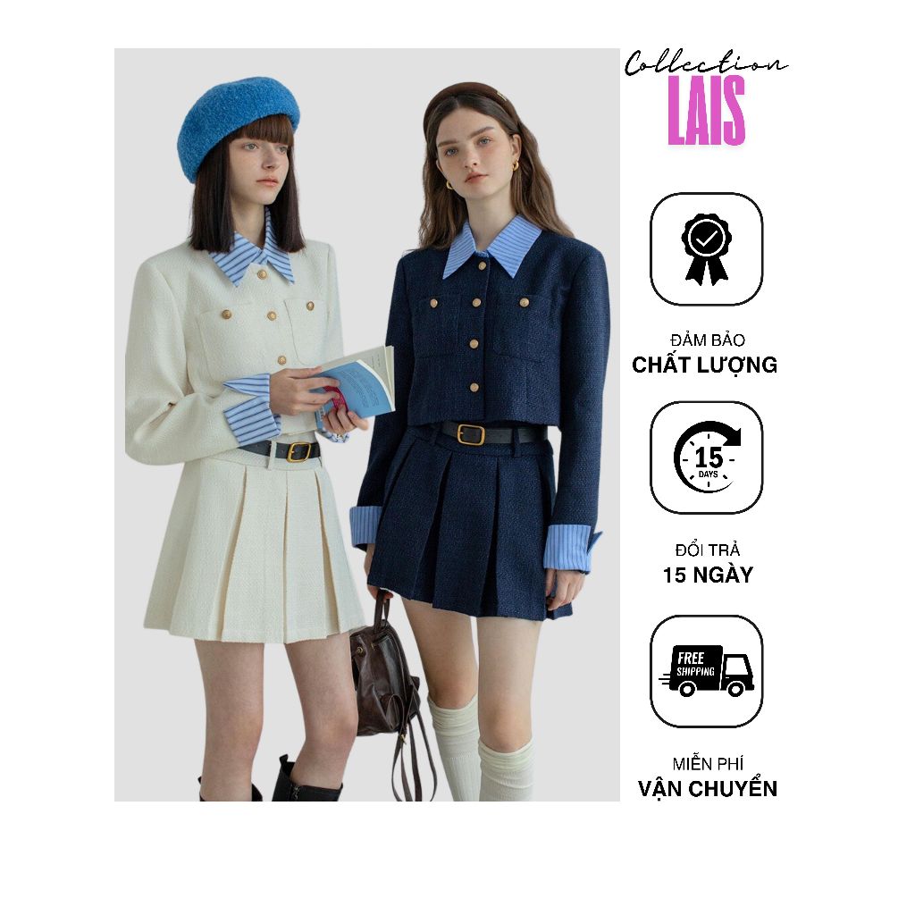 Set Áo Khoác Dạ Tweed Dài Tay Cổ Sơ Mi Kèm Chân Váy Xếp Ly Set Áo Váy Mùa Đông 2 Lớp Phong Cách