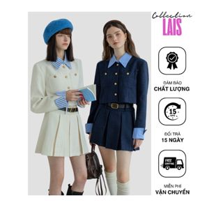 Set Áo Khoác Dạ Tweed Dài Tay Cổ Sơ Mi Kèm Chân Váy Xếp Ly Set Áo Váy Mùa Đông 2 Lớp Phong Cách