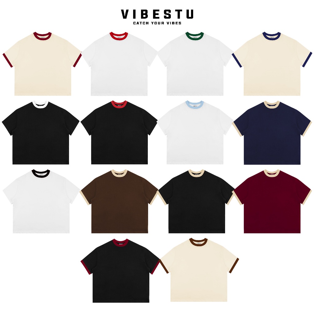 Áo Thun Trơn Phối Cổ Local Brand VIBESTU , Áo Thun Boxy Form Rộng Unisex 250Gsm 100% Cotton | BigBuy360 - bigbuy360.vn