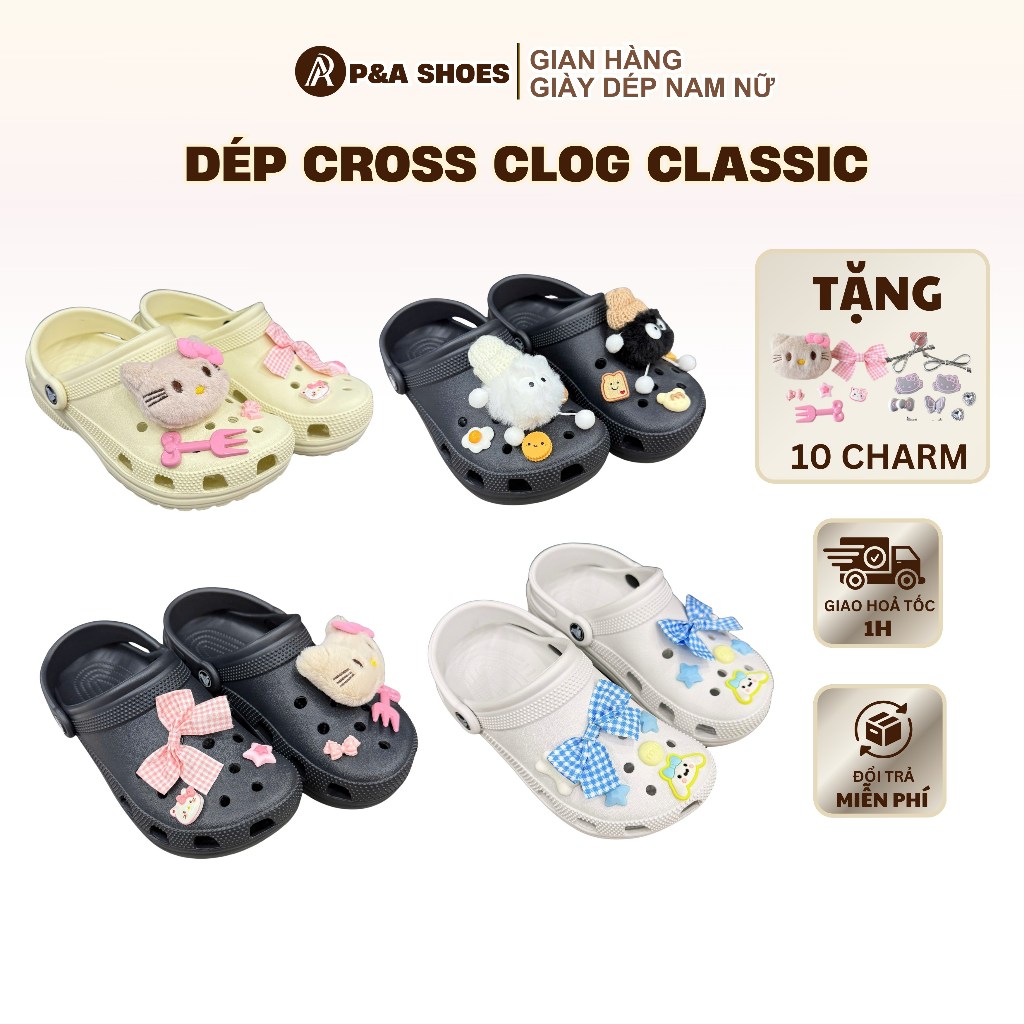 Dép cross clog classic tặng 10 charm đi kèm, dép sục nữ đế cao 3 phân êm nhẹ chống nước