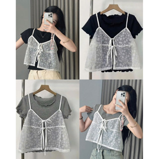 Áo thun ôm body phối áo 2 dây [ SET 2 ÁO ] chất vải tăm kèm áo 2 dây dệt hoa cột nơ - 118