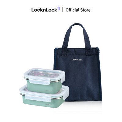 Bộ 2 hộp cơm LocknLock bằng thép không gỉ Coated STS Container nhiều dung tích và túi đựng màu xanh Navy