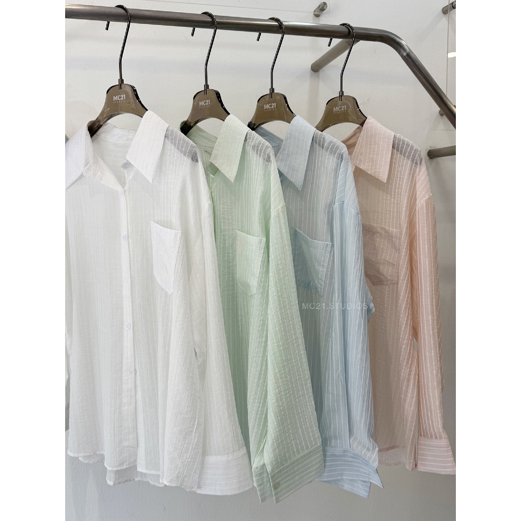 Áo sơ mi kẻ sọc MC21.studios vải cotton tơ form rộng a4718