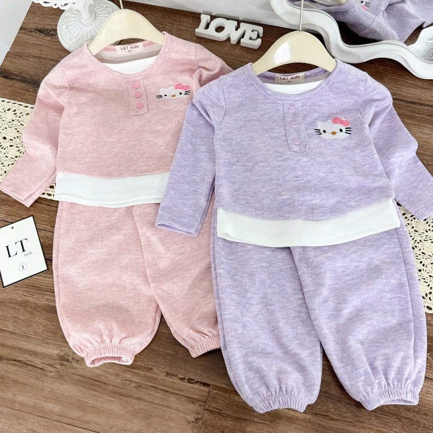 <XẢ KHO> Đồ bộ bé gái, Set đồ bé gái, Bộ thun mềm thoáng mát áo thêu mix quần bo thu đông cho bé 10-