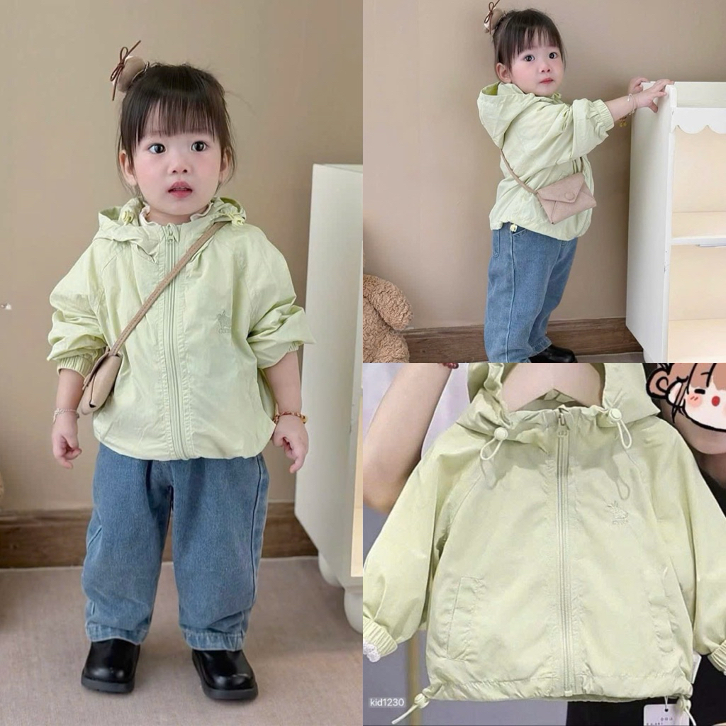 Áo Khoác Gió Kéo Khoá Có Mũ Màu Xanh Cốm Phong Cách Dễ Thương Thời Trang Thu Đông Cho Bé