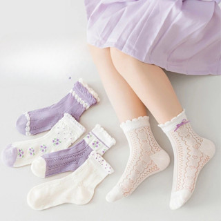 Set 5 Đôi Tất Lưới Cao Cổ Cho Bé Gái 1-12 Tuổi Mẫu Nơ Tím T76