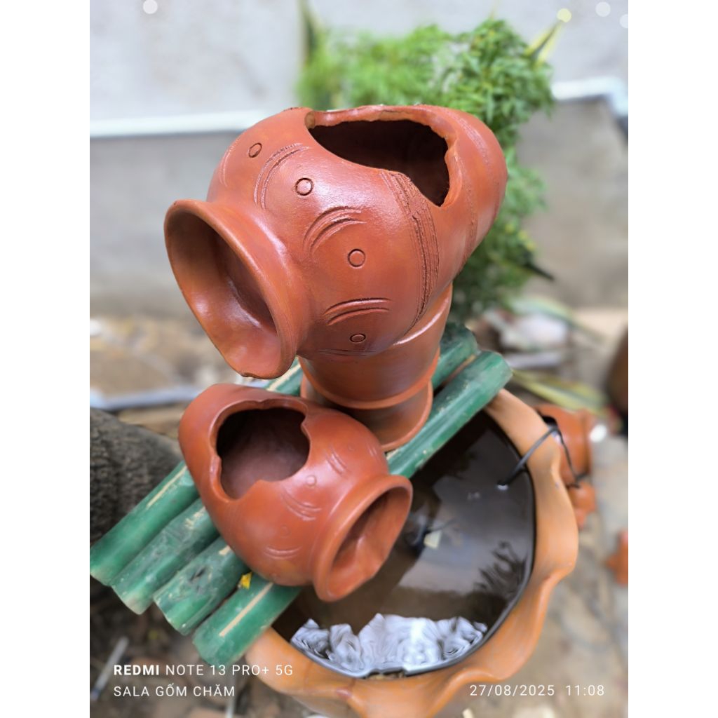 Combo Chum Lu Thác Nước thủy sinh Phong Thủy Gốm Chăm  – 2 Lu 23cm + Đôn 23cm  tặng  2 Miếng  bông L