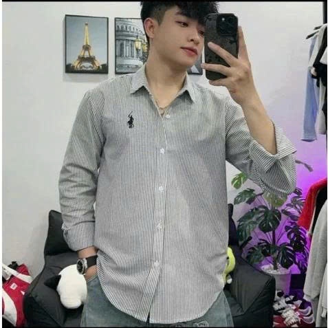 Áo sơ mi dài tay, sơ mi sọc xanh thêu họa tiết ngựa chất vải cotton lụa mềm mịn thoáng mát SM06