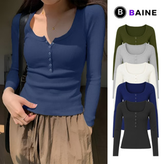 Áo Babytee TAY DÀI DÁNG DÀI CỔ U NÚT BẤM Chất Thun Gân Dày DD131, Áo Thun Cổ Vuông Ôm Body Kiểu Basic Nữ