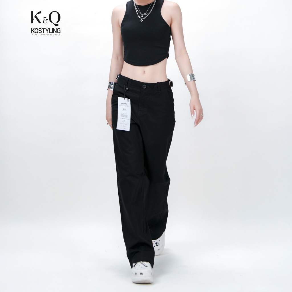  Quần kaki nữ lưng cạp cao ống rộng có sidetab điều chỉnh vòng eo KQSTYLING BASIC KHOEN | ĐEN 
