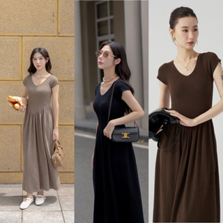 Petbychang - Váy len cổ tim dáng dài ngắn tay nhiều màu, kiểu dáng babydoll trẻ trung dễ mặc hàng ngày