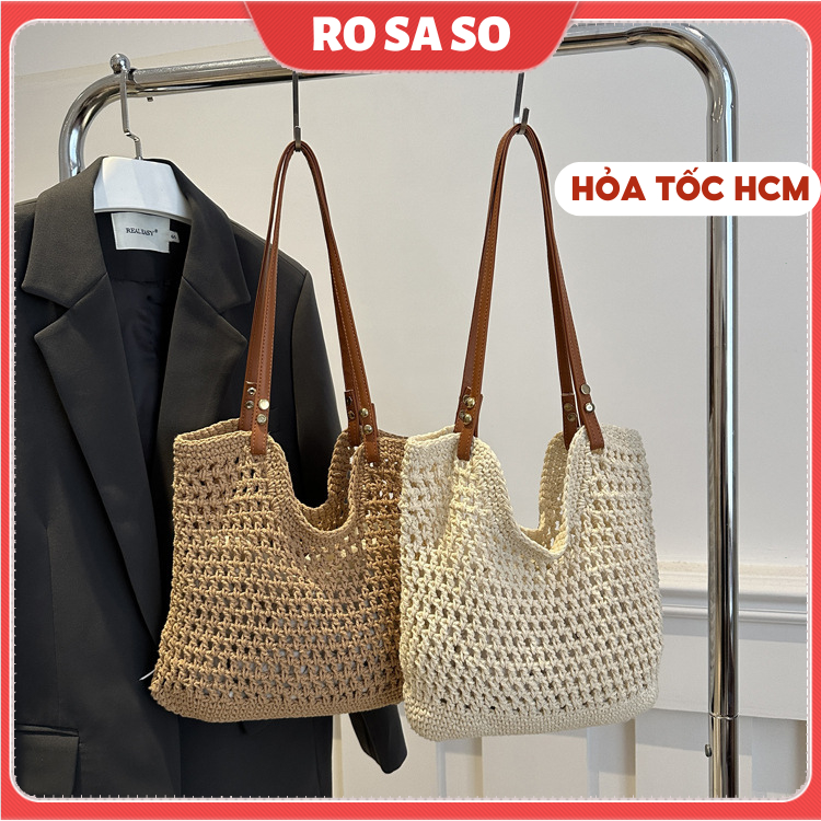 Túi tote nữ ROSASO TX170 – Túi đan len phối dây da vintage cao cấp đi biển, đi chơi