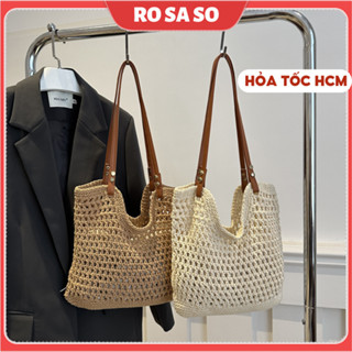 Túi tote nữ ROSASO TX170 – Túi đan len phối dây da vintage cao cấp đi biển, đi chơi