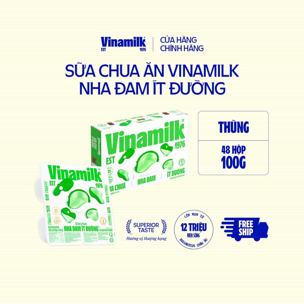 [CHỈ GIAO HCM+HN] Thùng 48 hộp Sữa chua ăn Vinamilk Nha đam Ít Đường - Yaourt 100g