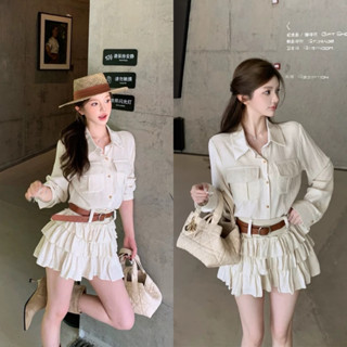 [S2.4149] Set Áo Sơmi Đũi Mây Mix Chân Váy Tầng Cạp Len Kèm Đai Belt Nâu