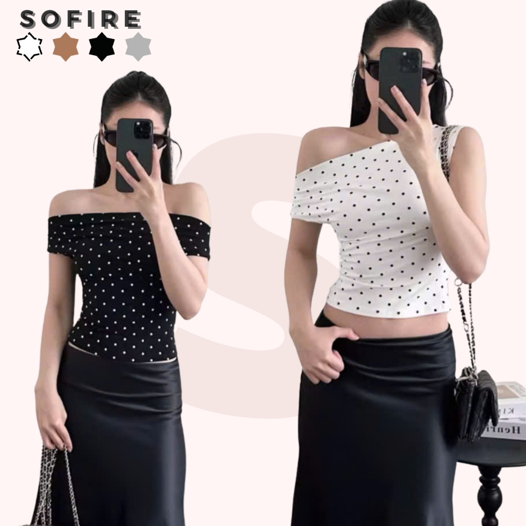 Naomi top- Áo Trễ Vai Nữ Mặc Nhiều Kiểu Họa Tiết Chấm Bi IIm Body Sexy , Áo Kiểu Nữ Chất rip lịa dày dặn mùa hè 2025