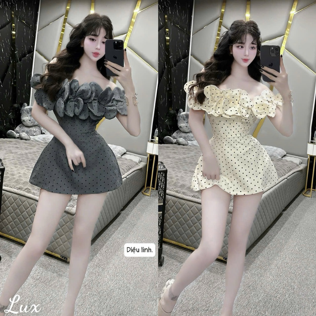 Váy Trễ Vai Cánh Hoa Lazer To Dáng Ngắn Form A Hoạ Tiết Chấm Bi