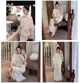   Sẵn  Set bộ: Áo ren 2 lớp tay cánh dơi dúm eo + Chân Váy ren cùng booj siêu sang 