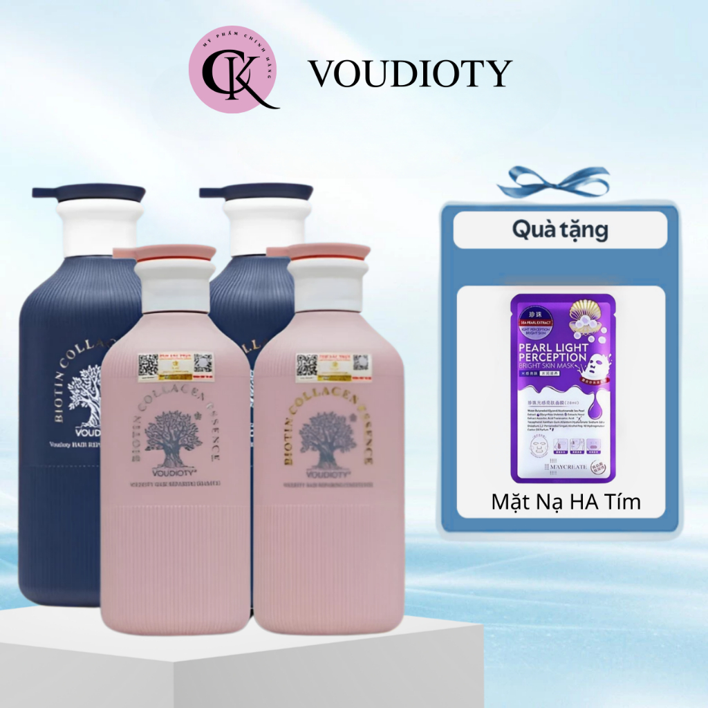 Cặp dầu gội xả Biotin Collagen Essence Voudioty hương nước hoa giúp phục hồi, mềm mượt tóc 500ml