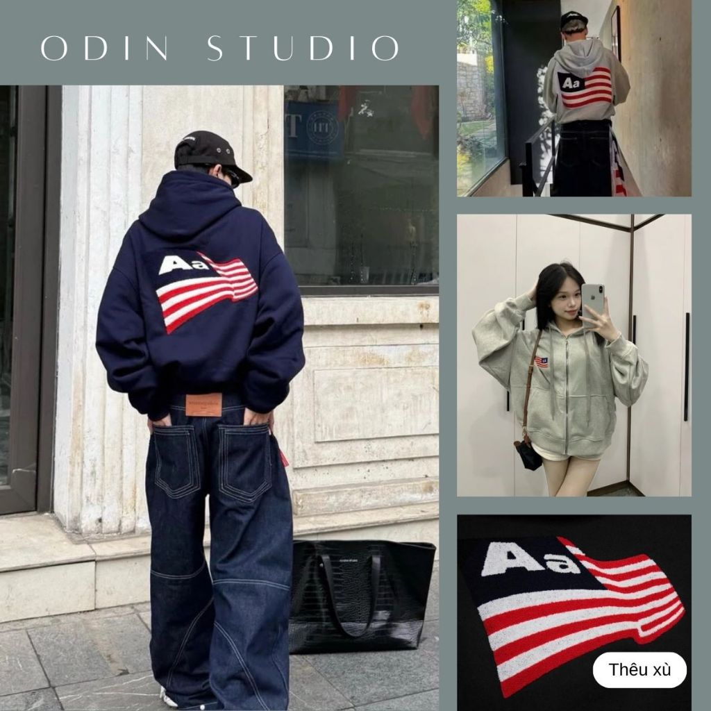 Áo Khoác Hoodie Zip Aastu Thêu Cờ Mỹ Form Rộng, Áo Khoác Boxy Chất Nỉ Chân Cua Hình Lá Cờ Cực Xịn Ho
