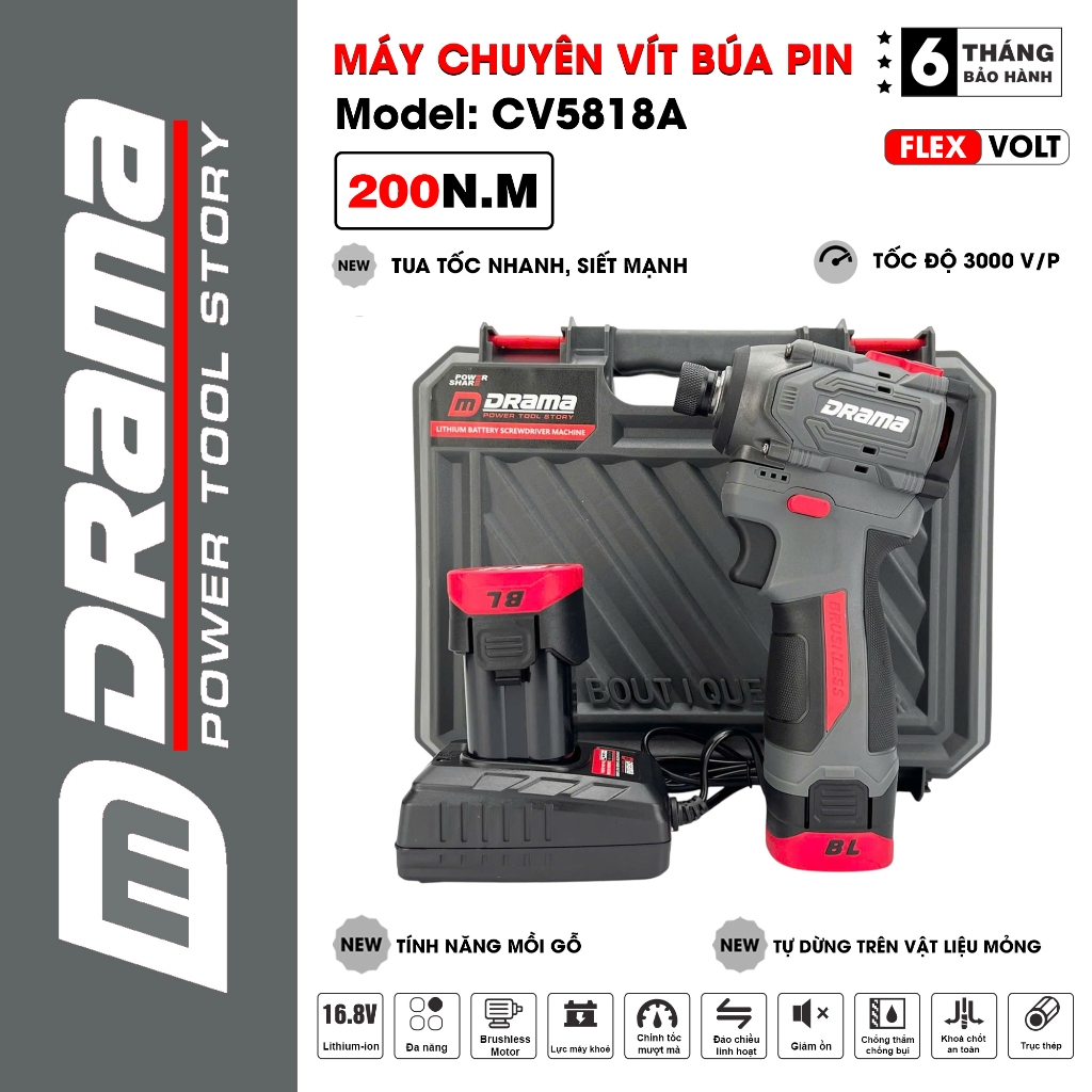 Máy chuyên vít búa pin DRAMA CV5818A, Không chổi than 200Nm, Tốc độ 3000 v/p