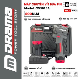 Máy chuyên vít búa pin DRAMA CV5818A, Không chổi than 200Nm, Tốc độ 3000 v/p