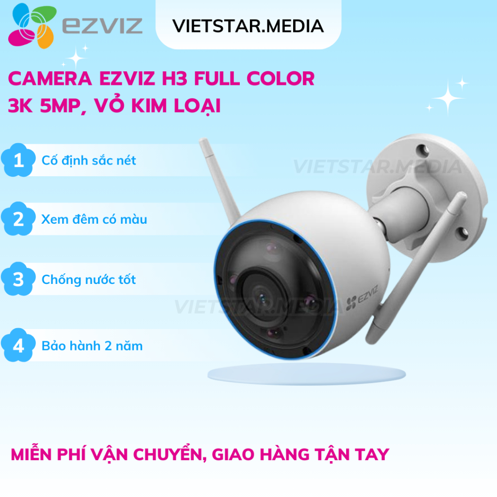 Camera Ezviz Ngoài trời H3 3K 5MP, Vỏ kim loại, Đầy đủ tính năng, Bảo hành 2 năm