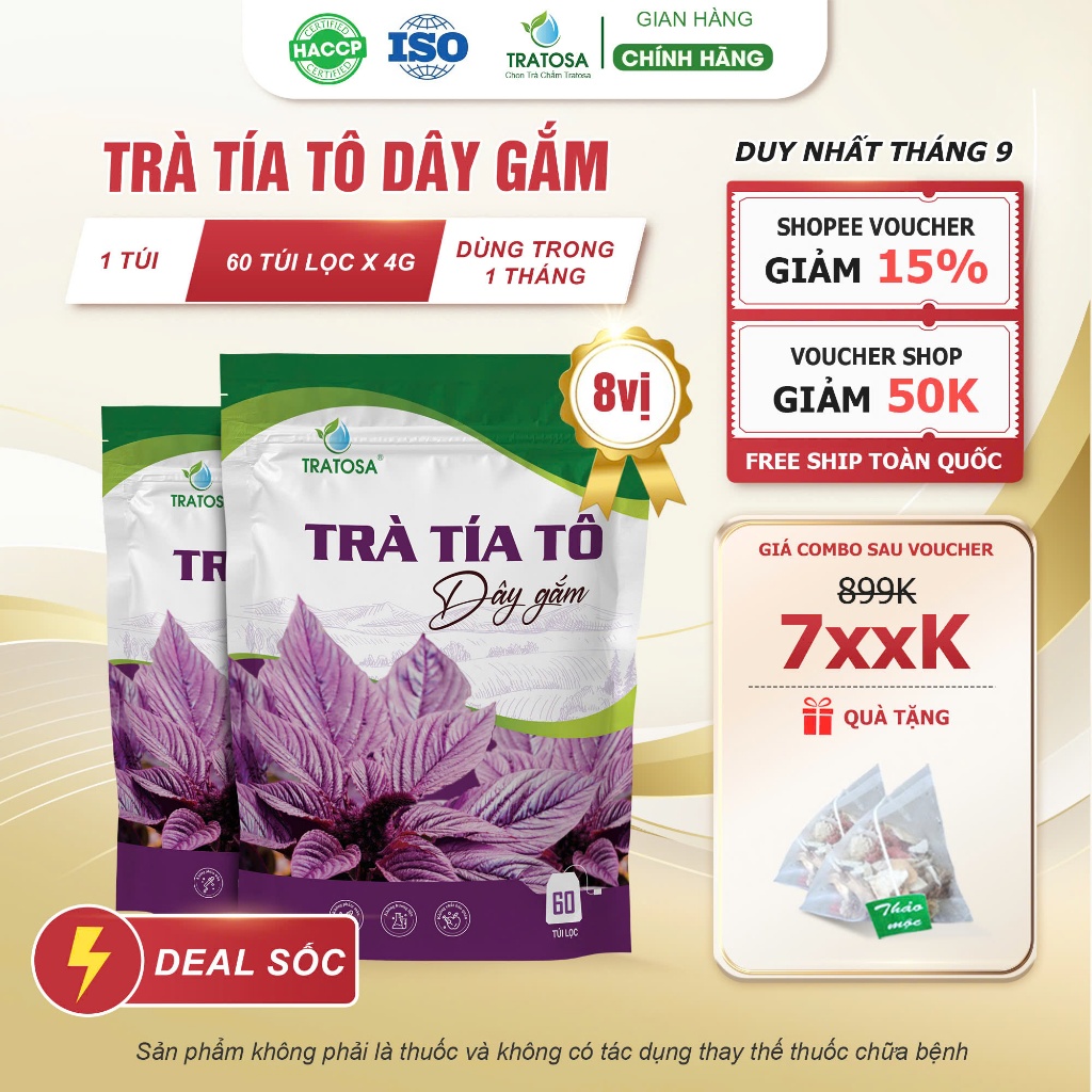 Trà tía tô dây gắm TRATOSA 8 vị thảo dược hòan toàn từ thiên nhiên 1 gói 60  túi lọc