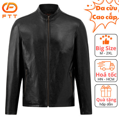 Áo khoác da bò nam cổ trụ Racer jacket cao cấp FTT LEATHER  trơn tay khoá dáng suông  AD213C40
