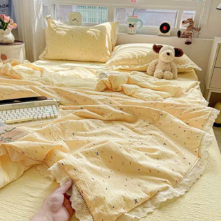  Bộ Chăn Ga Gối Cotton Đũi Bạc Hà Viền Ren 4 Món Chăn Trần Mùa Hè Cao Cấp 