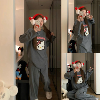  Set Bộ Nỉ Thêu Xù Kitty Màu Xám. Bộ Đồ Dài Tay Form Rộng Dễ Thương 