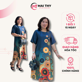  Đầm Trung Niên Nữ BST Váy Đi Tiệc Mai Thy Mama U60 Cổ Tròn Ngắn Tay In Hoa 3D Lụa Latinh Sang Trọng 