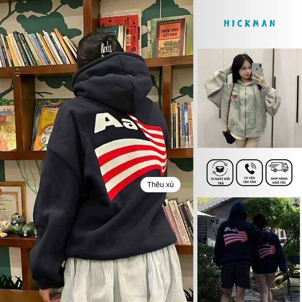 Áo Khoác Nam Hoodie Zip Aastu Form Rộng, Áo Khoác Nam Nữ Boxy Chất Nỉ Bông Thêu Xù Hình Lá Cờ Cực Xị