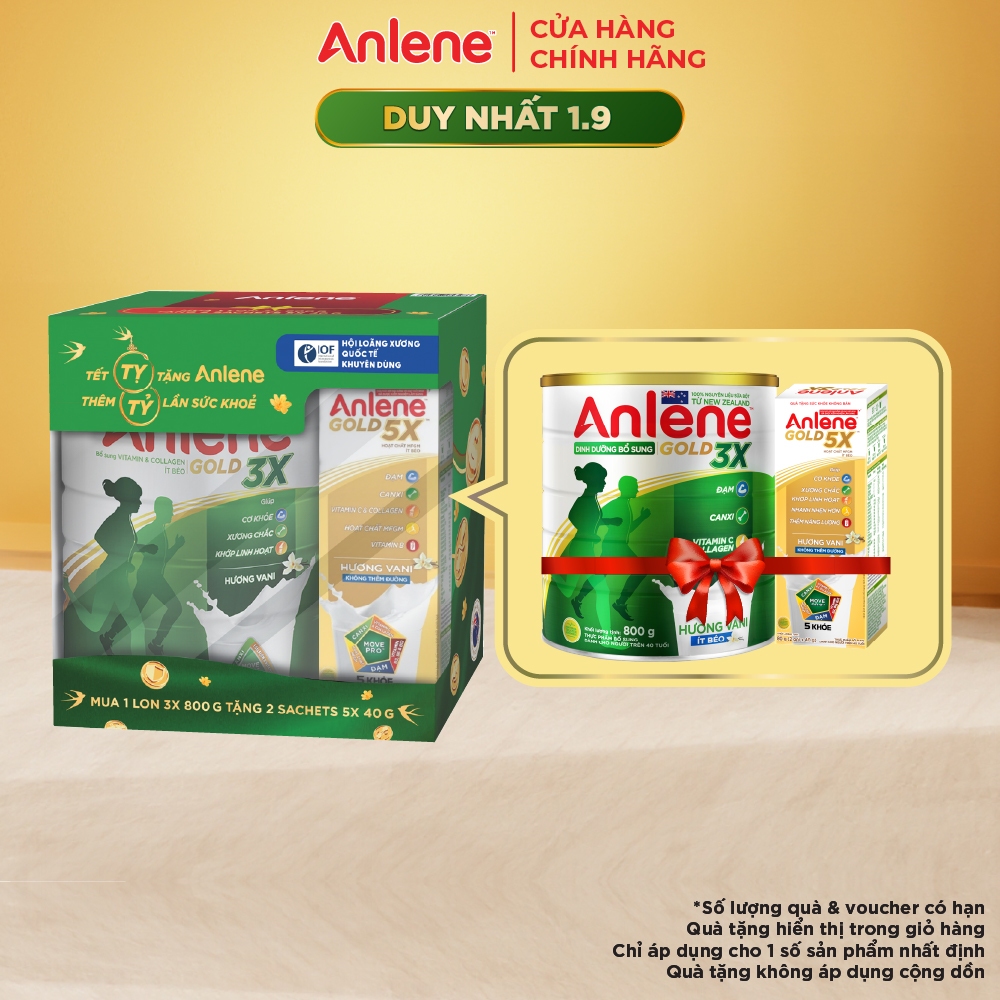 [Hộp quà Tết - Tặng hộp 2 gói Anlene 5X 40g ] Bộ quà tặng Anlene Gold 3X 800g