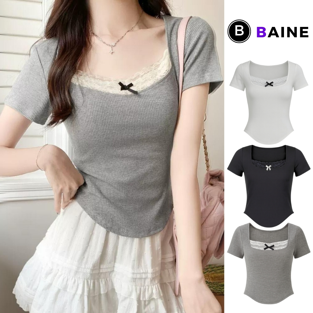  Áo Thun DÁNG DÀI CỔ VUÔNG REN NƠ Vạt Tròn Bầu Nữ DD60 Áo Babytee Tay Ngắn Chất Thun Gân Kiểu Ôm Body BAINE 