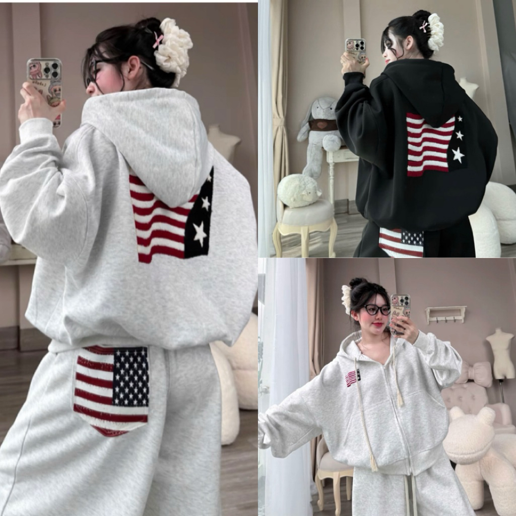 Set Bộ Nỉ Nữ , Set Bộ Vải Nỉ 2 Da Thêu Xù Mũ 2 Lớp