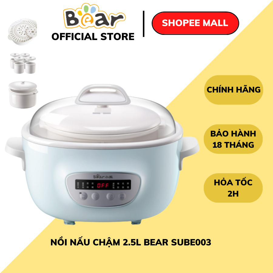 Nồi nấu cháo chậm 2.5L Bear SUBE003, 380W, chưng yến, hầm, kèm lồng hấp, Chính Hãng, BH 18 tháng