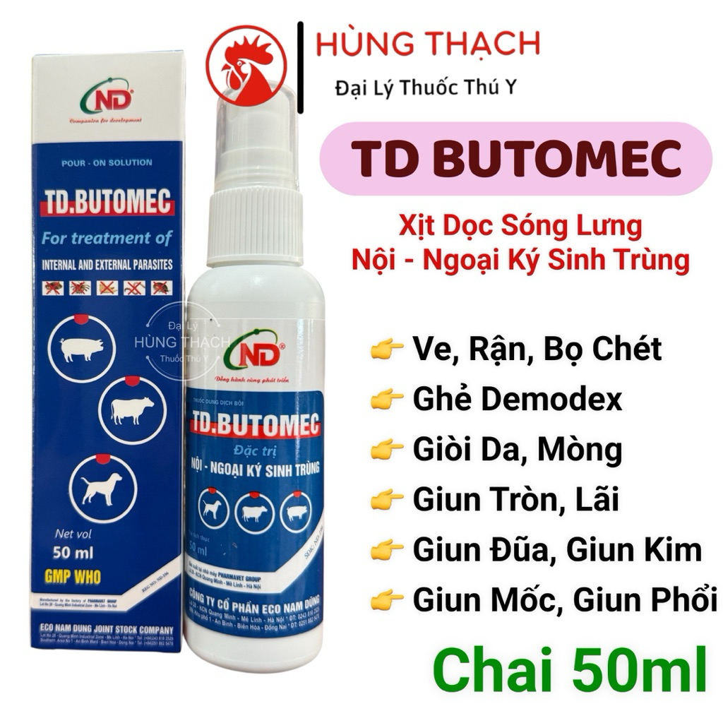 TD Butomec Chai xịt sóng lưng ve, rận, bọ chét, giun lãi, giun đũa, ghẻ chó, mèo, heo (50ml, 100ml)