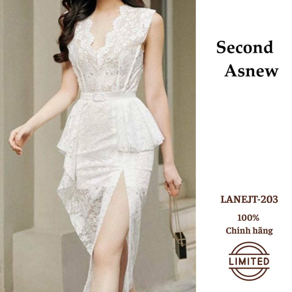 Sale Thanh Lý – LANE JT Đầm Midi Xẻ Tà Họa Tiết Sát Nách Cổ Chữ V Màu Trắng LANEJT-203