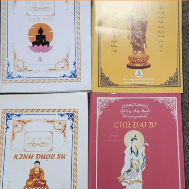 GIEO DUYÊN, Combo 4 quyên a5 gáy kim vở chép chữ mờ KINH DƯỢC SƯ + SÁM HỐI + CHÚ ĐẠI BI + HỒNG DANH 