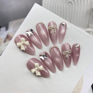  L3022 Nail Box Móng Tay Giả Thiết Kế Hồng Thạch Anh Đính Đá Lấp Lánh Phối Nơ Bướm Phong Cách Cá Tính 