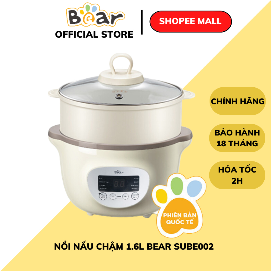Nồi nấu chậm Bear SUBE002 1.6L, Bản Tiếng việt, Kèm Lồng Hấp, 8 Chế độ nấu, Chính Hãng, BH 18 Tháng