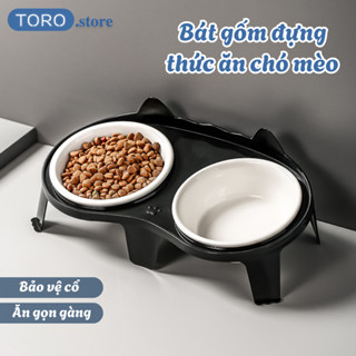 Bát Ăn Đôi Cho Chó Mèo Nghiêng 15 Độ Bảo Vệ Cổ, Chén Ăn Gốm Sứ Chống Gù, Khay Đựng Thức Ăn Thú Cưng