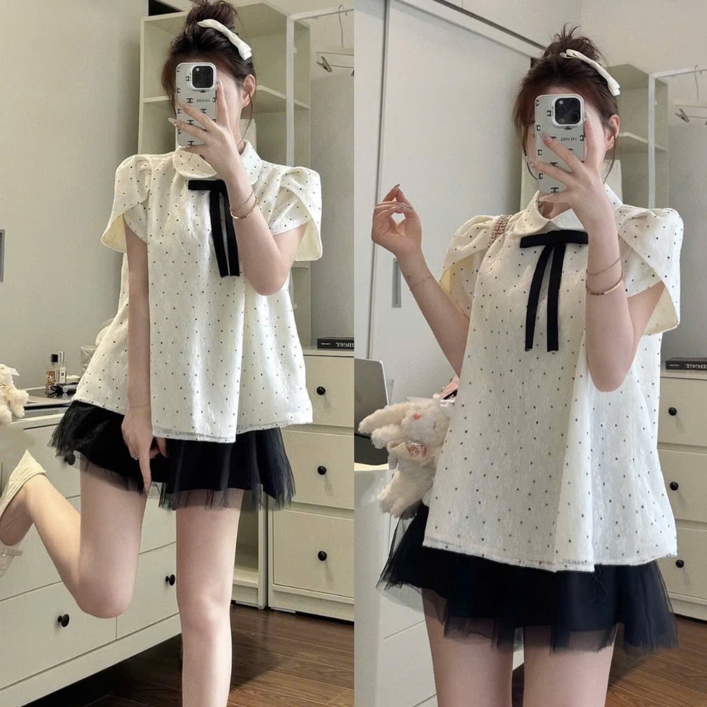 (Hàng 3 Size): Set Áo Ren Hoa Cổ Sen Chấm Bi Tay Hến Kèm Tag Nơ Đen Mix Chân Váy Lưới Xoè Tiểu Thư D