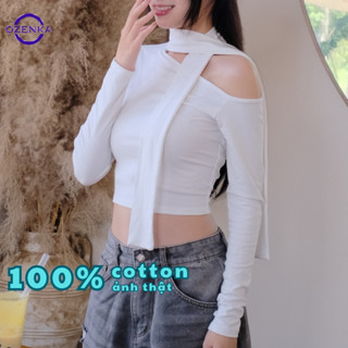  Áo thun nữ croptop tay dài trễ vai lệch cổ khăn Ozenka áo kiểu phong cách Hàn Quốc cá tính 100% cotton màu đen trắng 